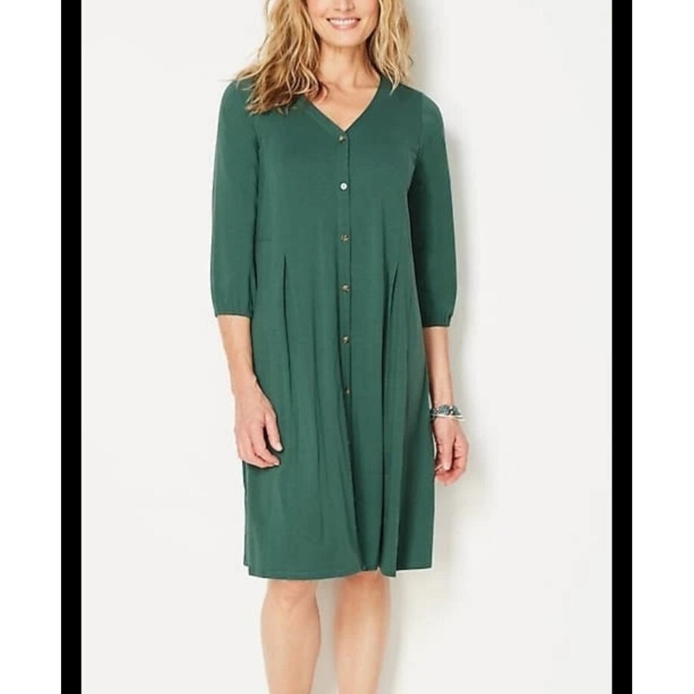 NWT Jill Womens Size Small Button Up Dark Green Dress Pleated V Neck Knee Length